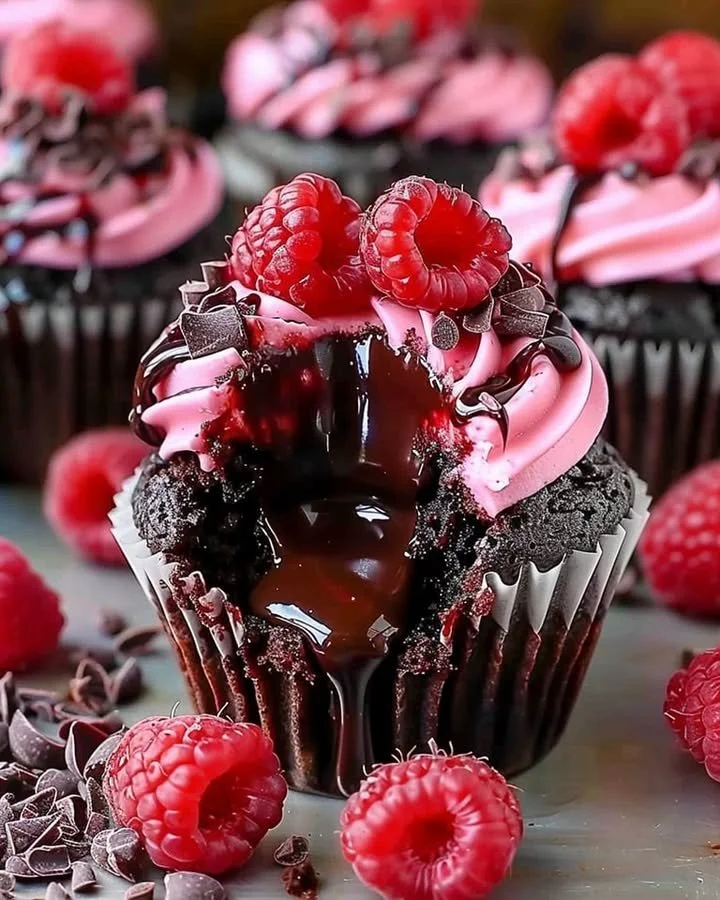 Delicious Raspberry Chocolate Lava Cupcakes with molten chocolate center
