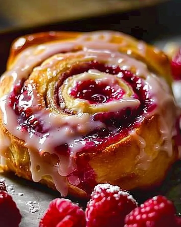 Freshly baked raspberry cinnamon rolls with icing on top