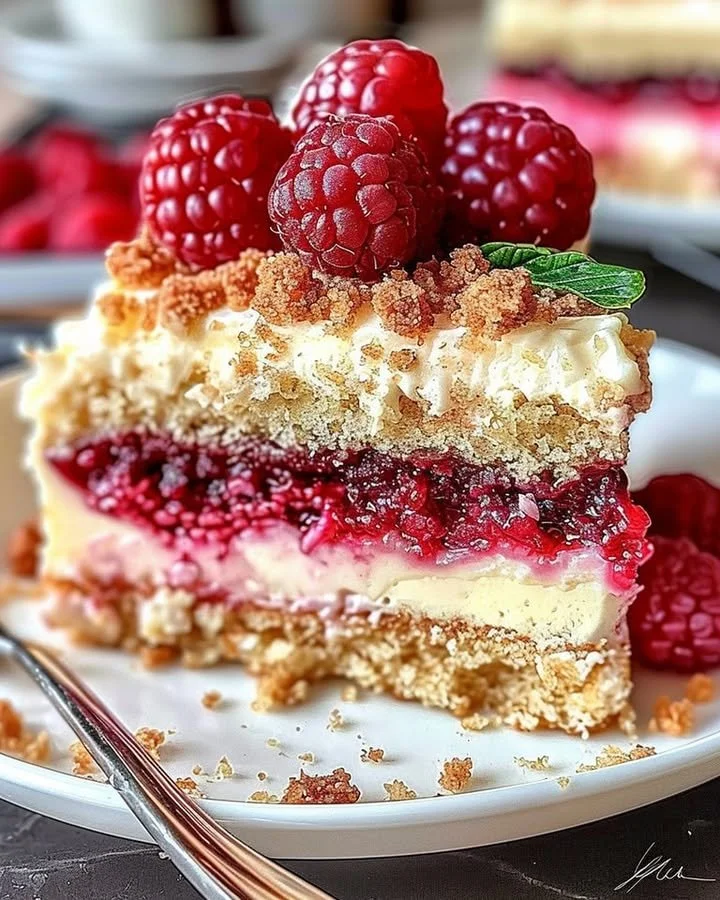 Delicious Raspberry Cream Cheese Coffee Cake served on a plate