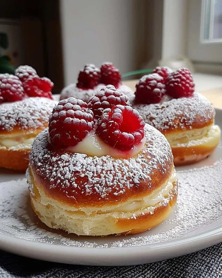 Freshly baked Raspberry Custard Buns with vibrant raspberry filling and creamy custard