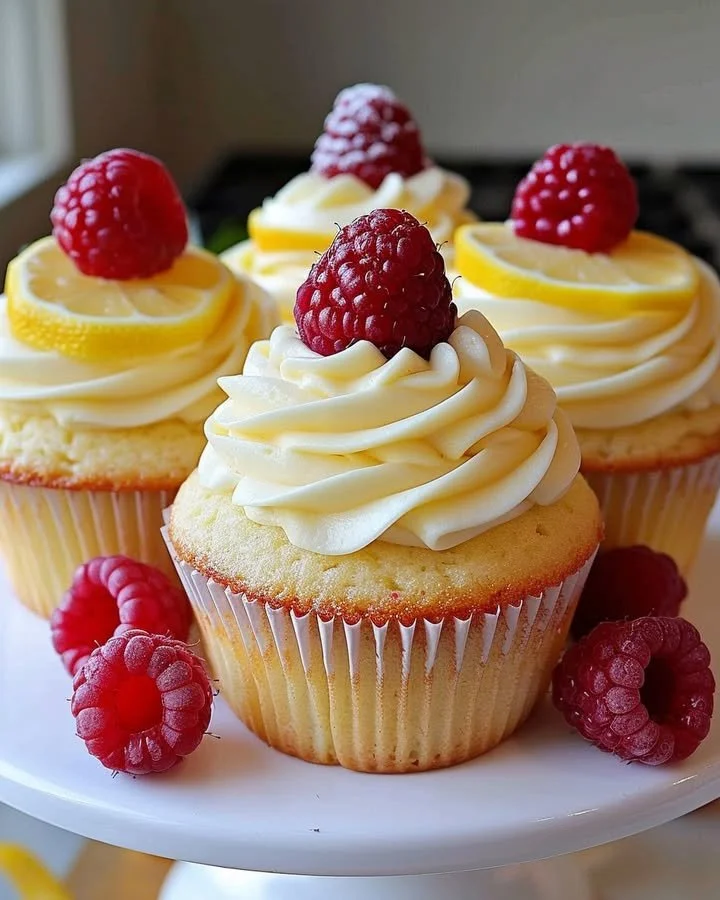 Delicious Raspberry Lemon Cupcakes topped with fresh raspberries and lemon frosting.