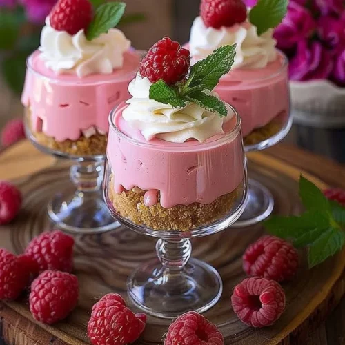 Decadent Raspberry Mousse Cheesecake topped with fresh raspberries
