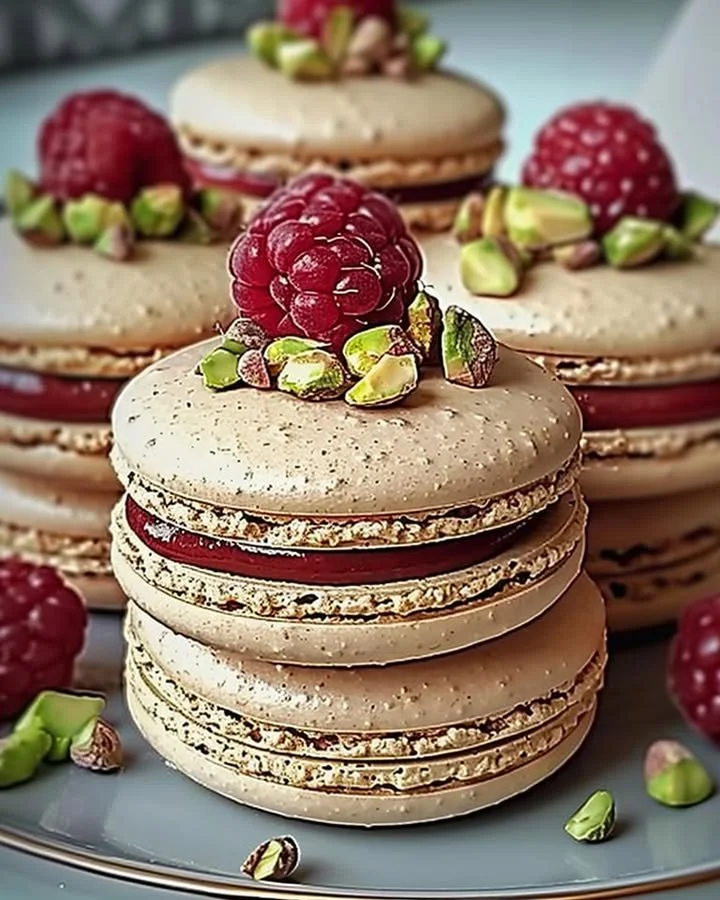Raspberry Pistachio Macarons stacked on a decorative plate.