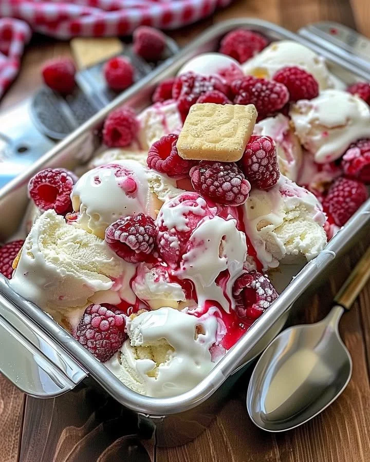 Delicious Raspberry Shortcake Ice Cream topped with fresh raspberries and cake pieces.