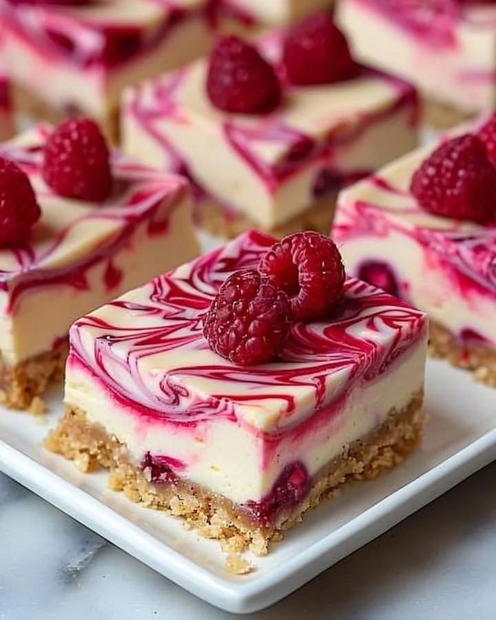 Raspberry swirl cheesecake bars with a creamy texture and vibrant raspberry topping