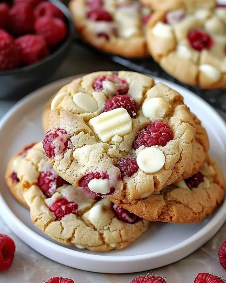 Raspberry White Chocolate Cookies served on a plate