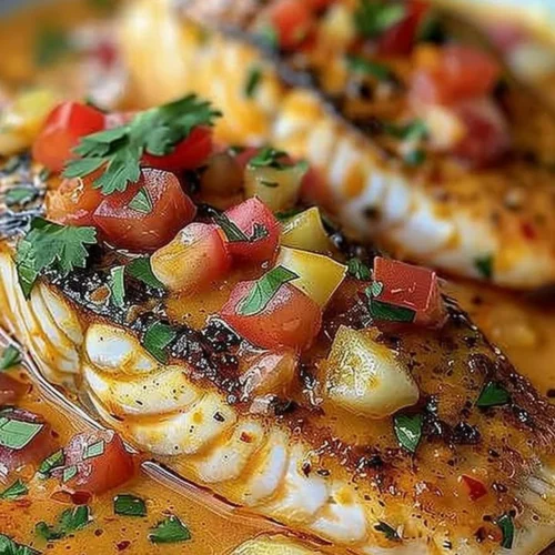 Delicious red snapper fillet with creamy Creole sauce on a plate.