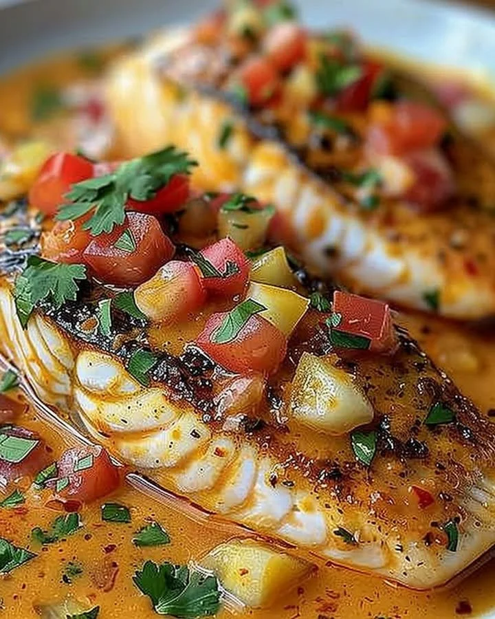 Delicious red snapper fillet with creamy Creole sauce on a plate.