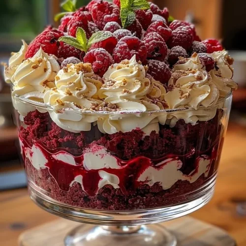 Decadent Red Velvet Cake Trifle served in a glass with whipped cream and berries