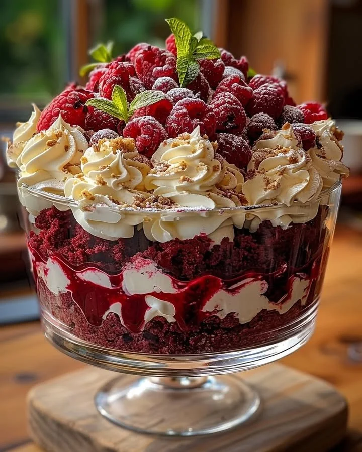 Decadent Red Velvet Cake Trifle served in a glass with whipped cream and berries