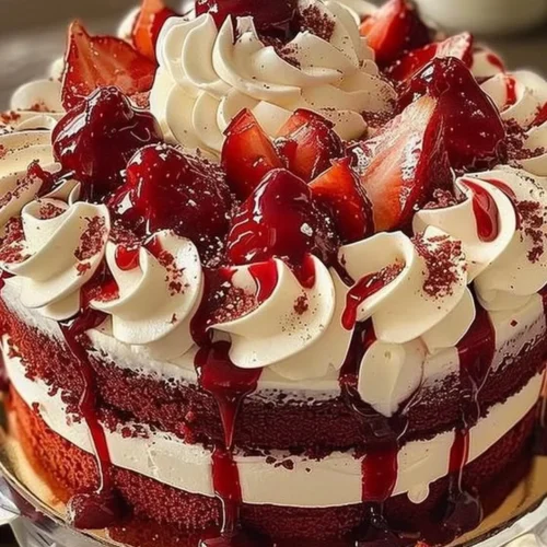 Delicious slice of red velvet cake with creamy cream cheese frosting