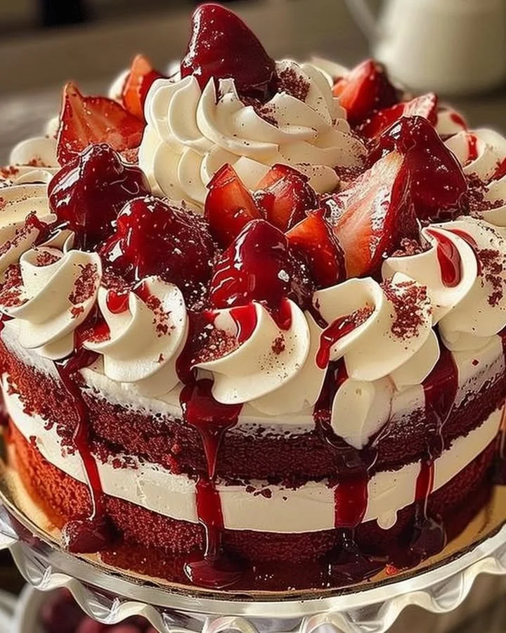 Delicious slice of red velvet cake with creamy cream cheese frosting
