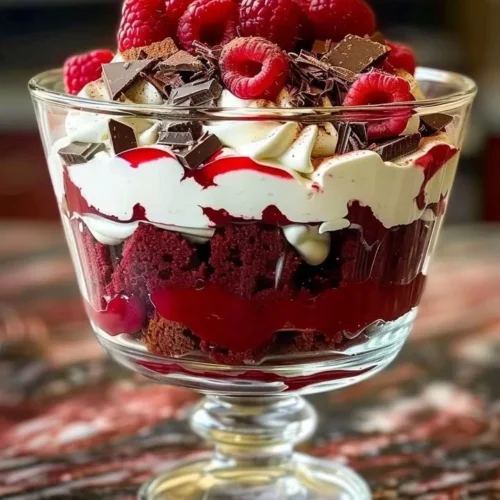 Delicious Red Velvet Cheesecake Trifle in a glass with whipped cream and red velvet cake