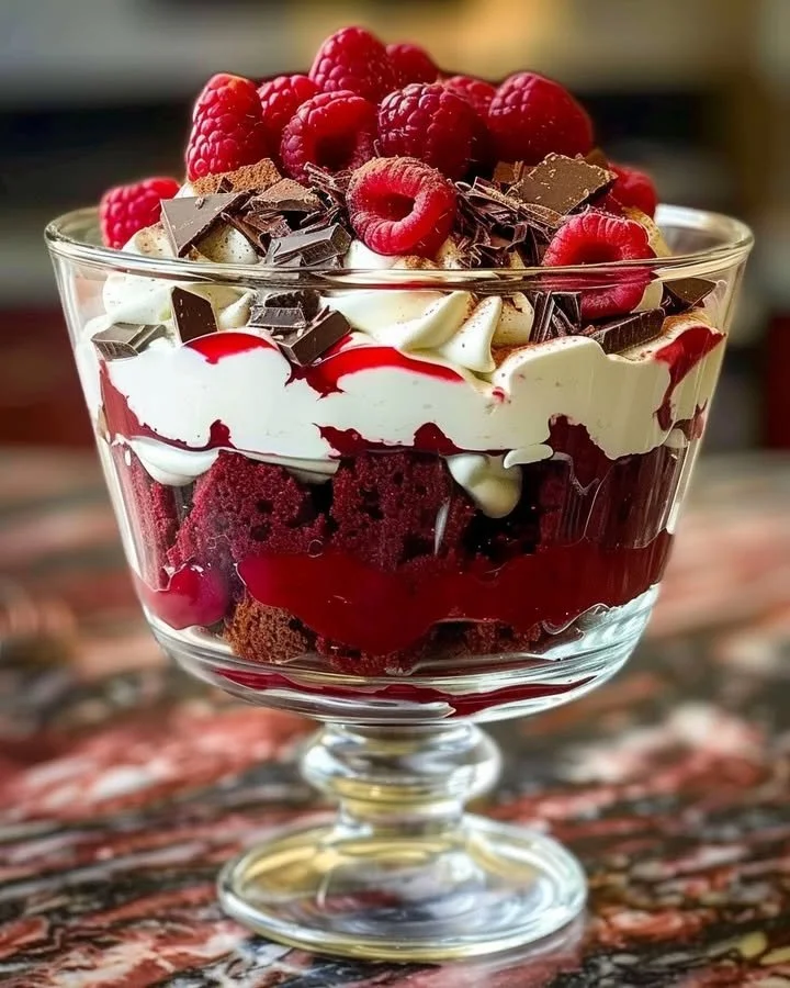 Delicious Red Velvet Cheesecake Trifle in a glass with whipped cream and red velvet cake