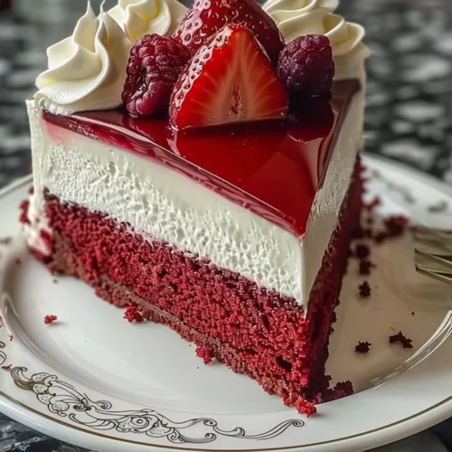 Slice of red velvet strawberry cheesecake topped with fresh strawberries and whipped cream