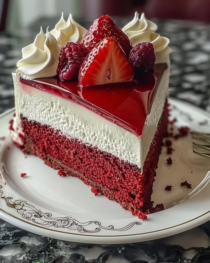 Slice of red velvet strawberry cheesecake topped with fresh strawberries and whipped cream