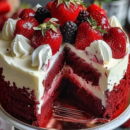 Red Velvet Strawberry Cheesecake topped with fresh strawberries