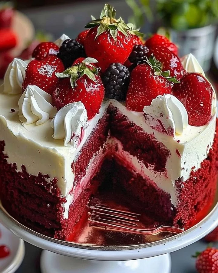 Red Velvet Strawberry Cheesecake topped with fresh strawberries