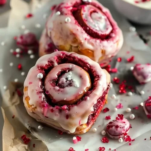 Red Velvet Valentine's Day cinnamon rolls topped with cream cheese icing