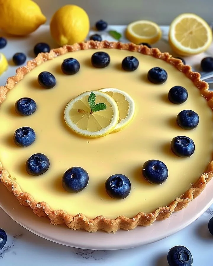 Refreshing no-bake lemon tart with coconut and Biscoff crust garnished with lemon slices
