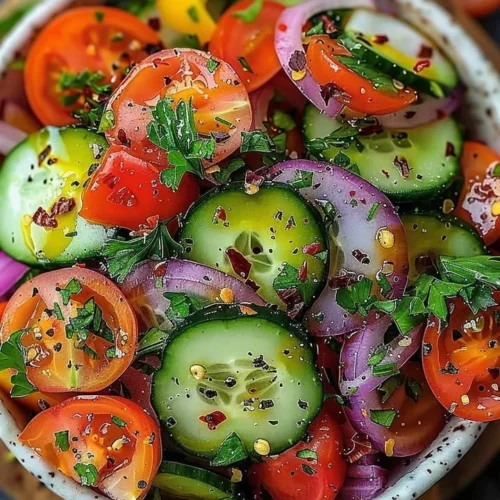 Refreshing summer garden salad with colorful veggies and dressing