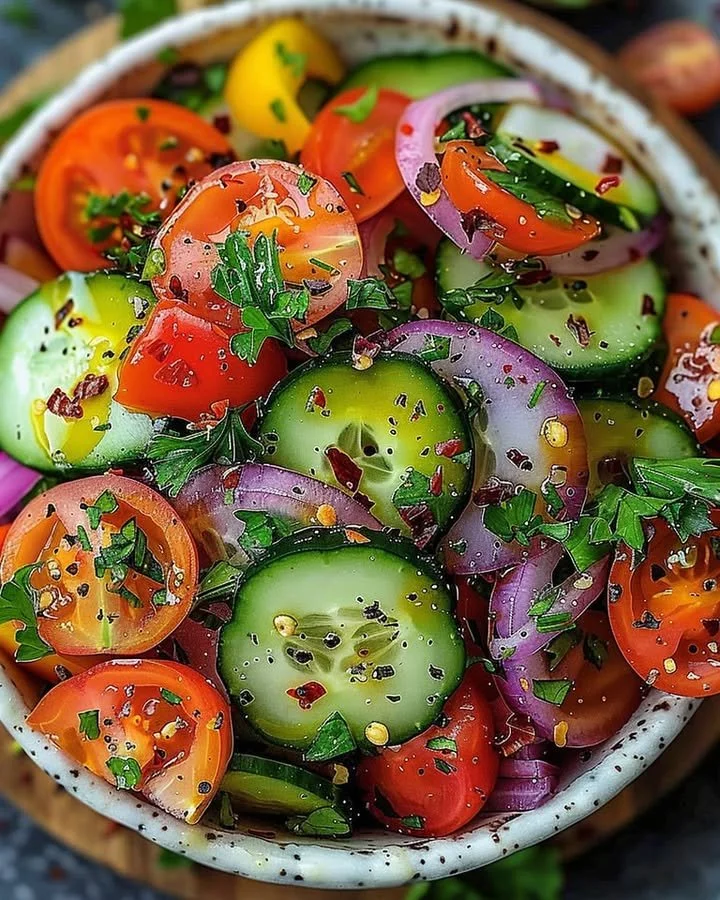 Refreshing summer garden salad with colorful veggies and dressing