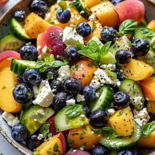 Refreshing summer medley featuring fresh blueberries and peaches in a bowl.