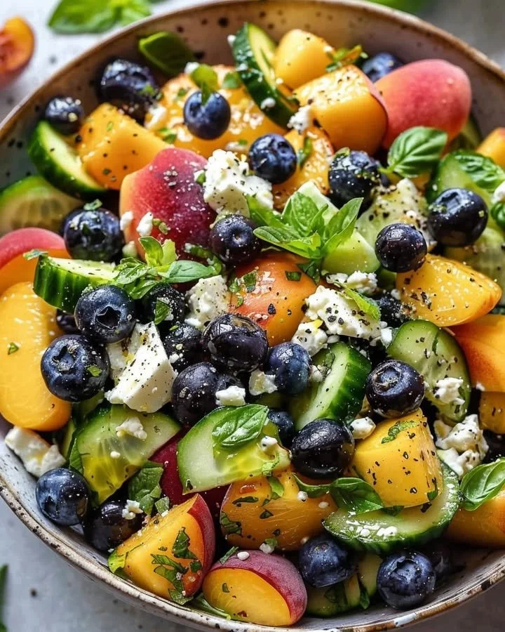 Refreshing summer medley featuring fresh blueberries and peaches in a bowl.