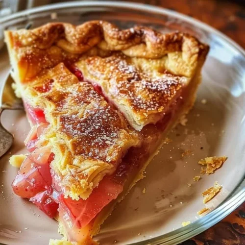 Slice of homemade rhubarb custard pie on a plate
