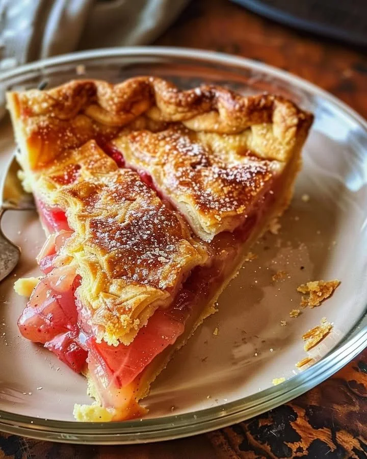 Slice of homemade rhubarb custard pie on a plate