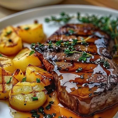 Grilled ribeye steak served with cheesy scalloped potatoes on a plate