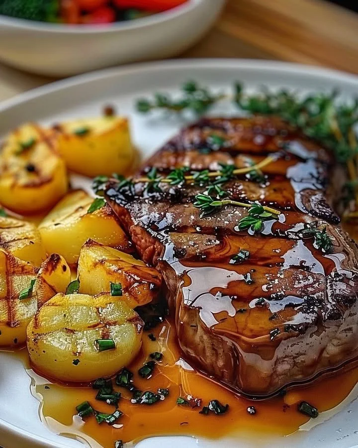 Grilled ribeye steak served with cheesy scalloped potatoes on a plate