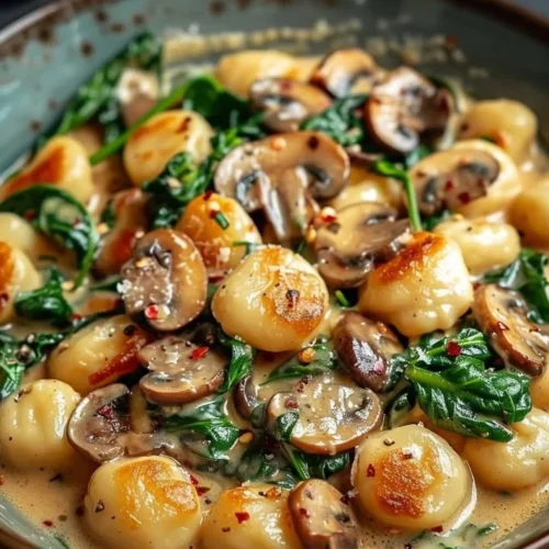 Rich and creamy spinach mushroom gnocchi served in a bowl