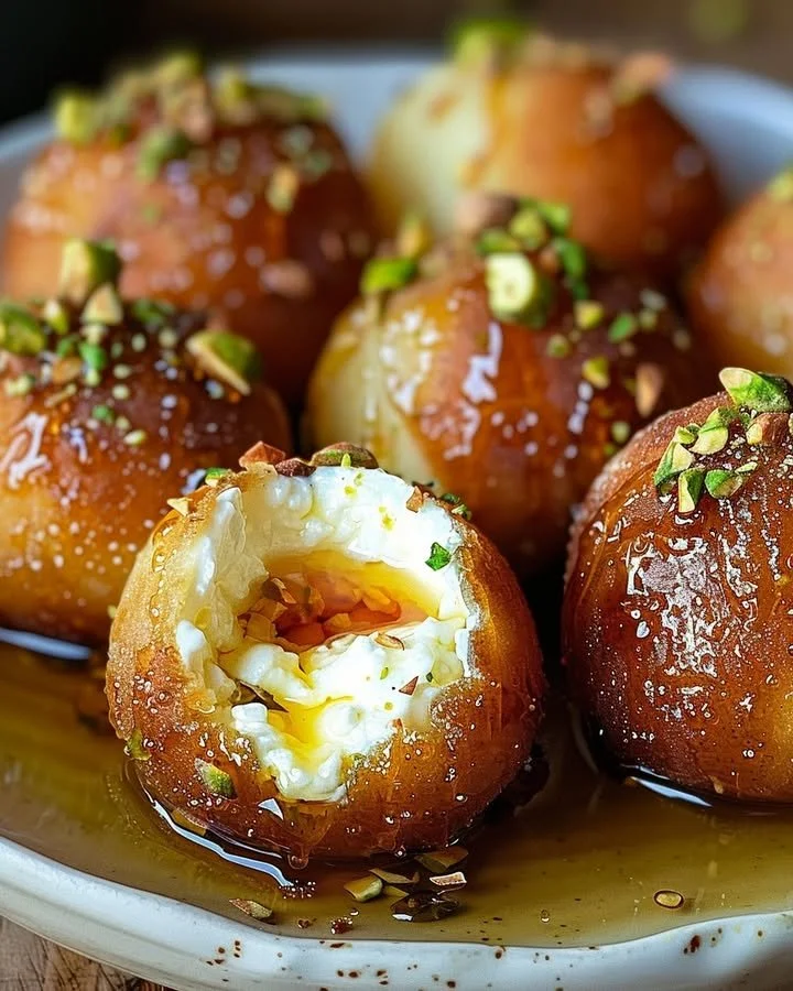 Delicious Ricotta Pistachio Honey Bites topped with honey and pistachios