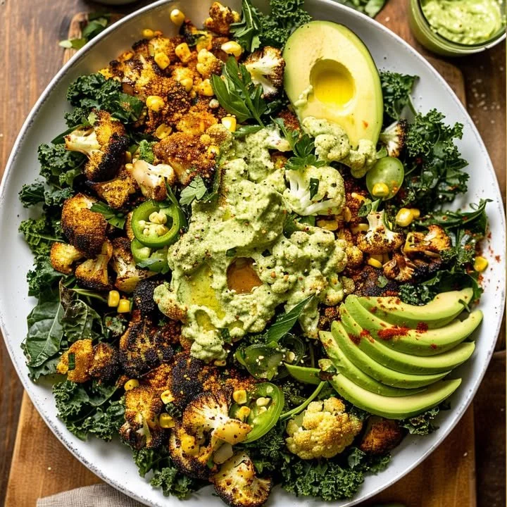 Roasted blackened cauliflower and veggie salad in a colorful bowl
