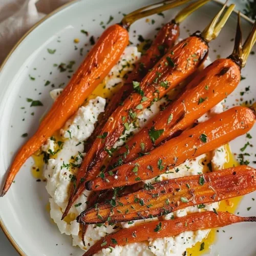 Plate of roasted carrots with whipped feta garnish, ready to serve.
