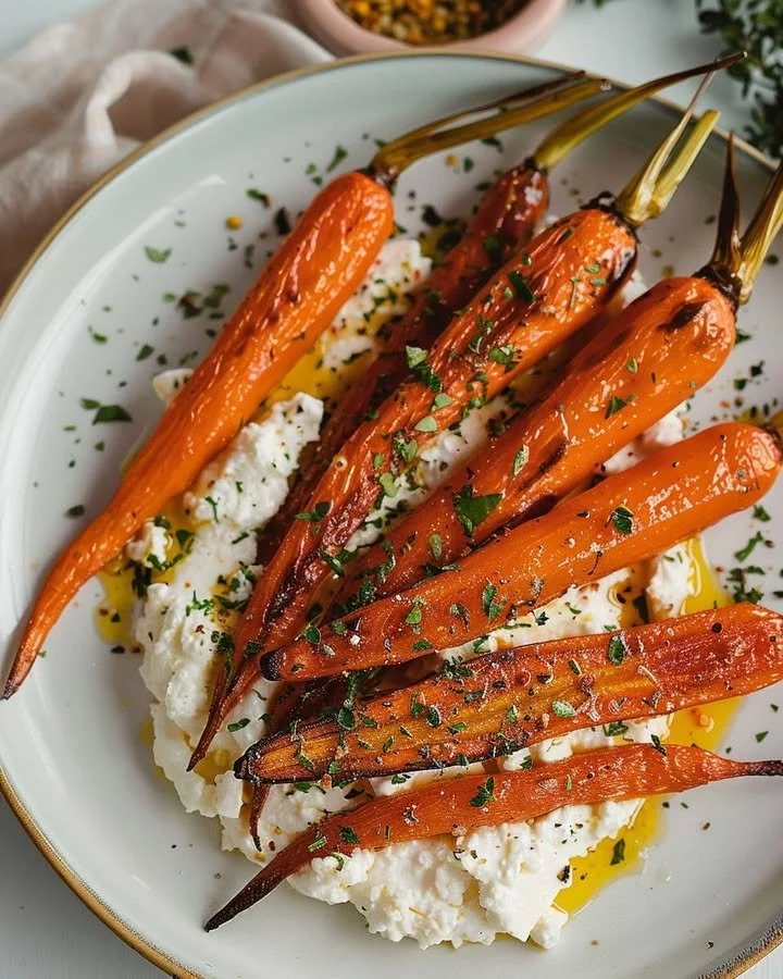 Plate of roasted carrots with whipped feta garnish, ready to serve.