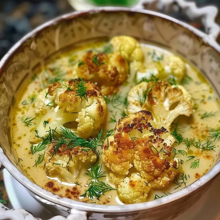 Bowl of roasted cauliflower and dill soup garnished with herbs.