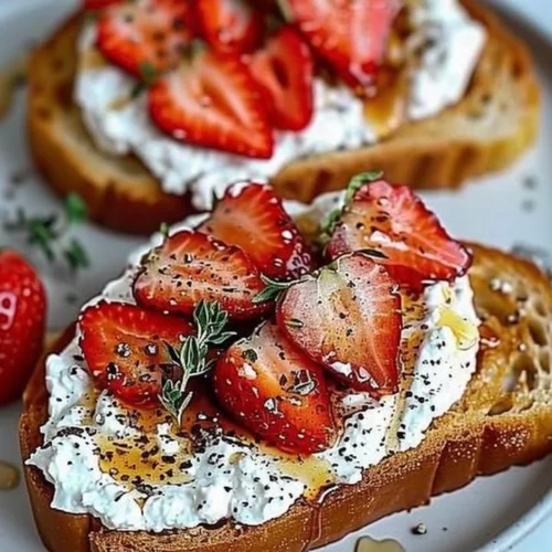 Roasted strawberry whipped ricotta toast topped with fresh strawberries and mint