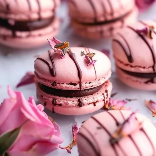 Rose Dark Chocolate Flavored Macarons on a plate