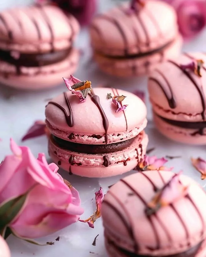 Rose Dark Chocolate Flavored Macarons on a plate