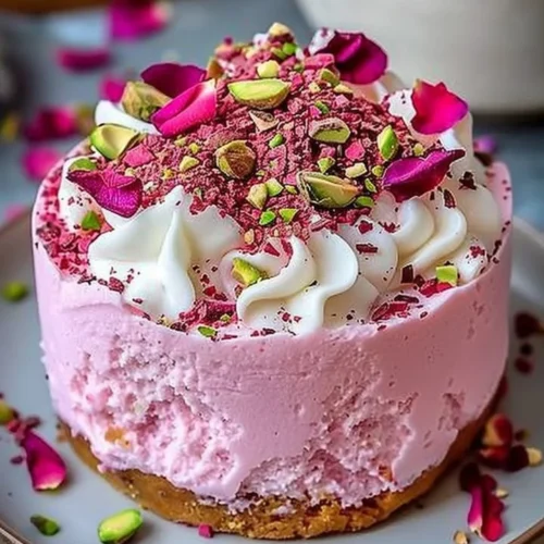 Delicious rose milk cake with rose petals and cream icing