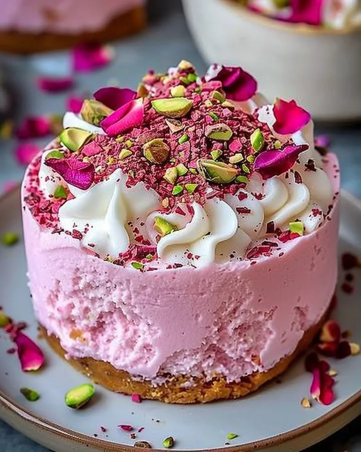 Delicious rose milk cake with rose petals and cream icing