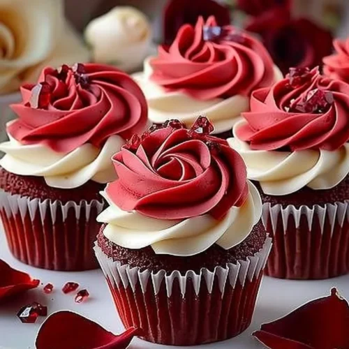 Delicious Rose Red Velvet Cupcakes topped with cream cheese frosting