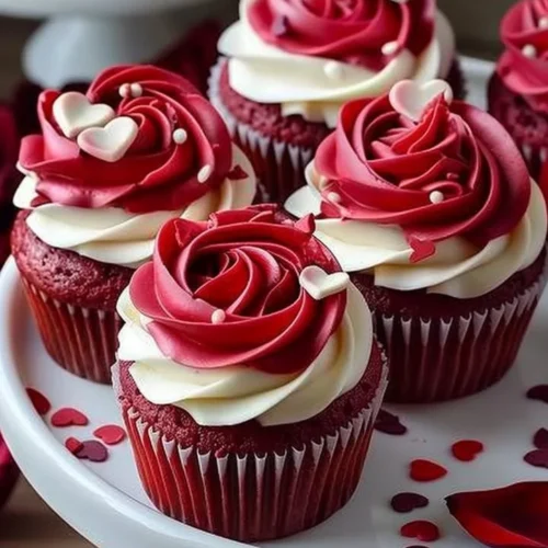 Delicious rose red velvet cupcakes decorated with cream cheese frosting