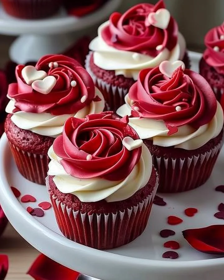 Delicious rose red velvet cupcakes decorated with cream cheese frosting