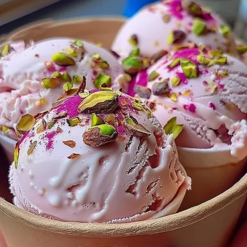 Rosewater Pistachio Delight Gelato served in a cone with pistachio garnish