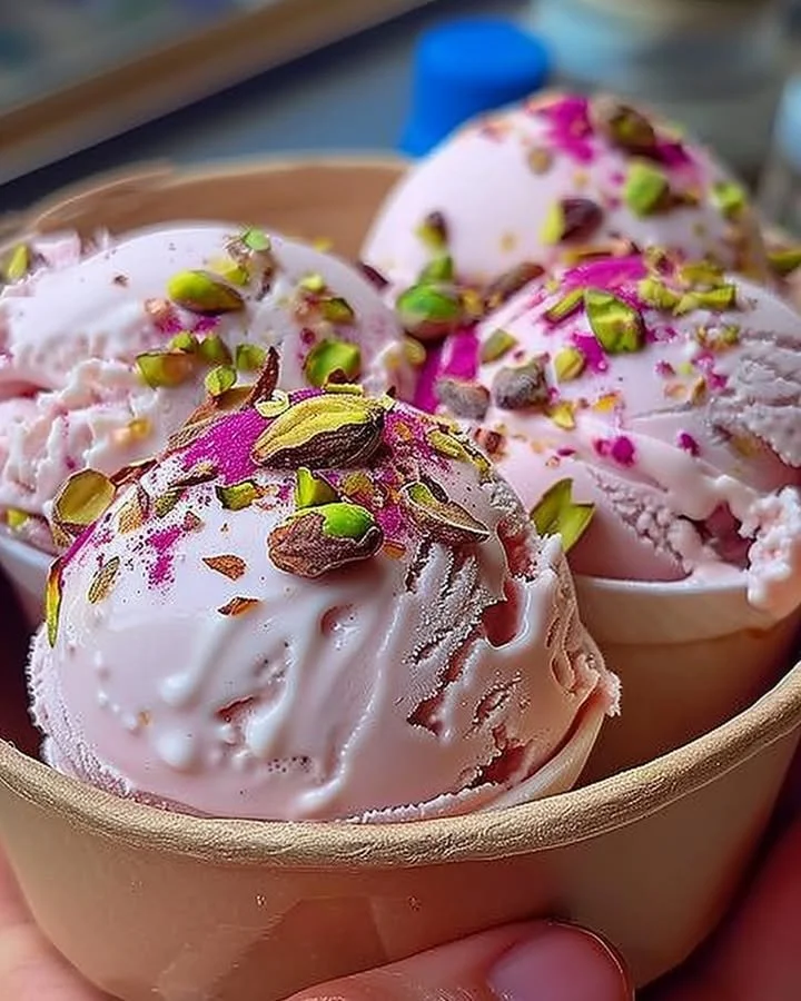 Rosewater Pistachio Delight Gelato served in a cone with pistachio garnish