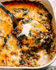Rustic Italian Beef and Spinach Bake with melting cheese and vibrant spinach