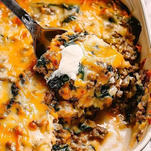 Rustic Italian Beef and Spinach Bake with melting cheese and vibrant spinach